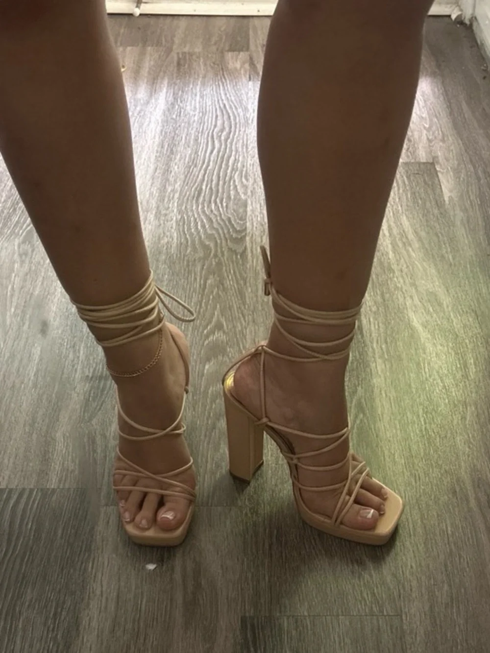 Liliana Strappy Lace-Up Square Toe Heels in Beige